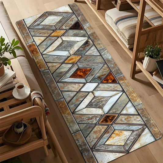 Vintage Multi Color Marble Stained Glass Diamond Tile Print Long Runner Rug, Non-Slip Rug for Kitchen, Bathroom & Living Room