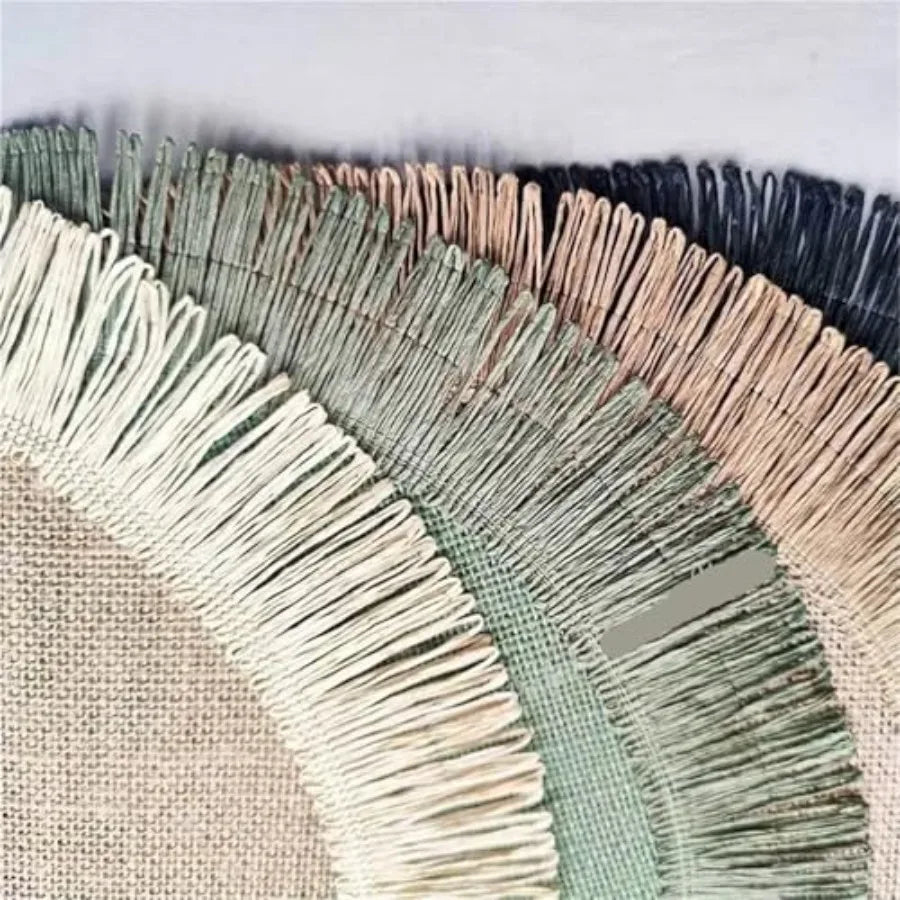 6pcs Round Braided Placemats Fringe Paper Table Mats Hand Woven Non-Slip Insulation Place Mats Tea Cup Pad Dining Table Decorat
