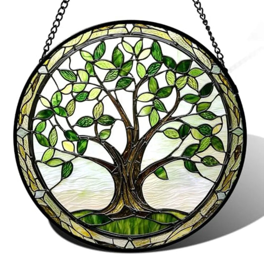 Stained Glass Window Hanging - Tree Trunk Leaves Sun Catcher for Door Garden Home Decor Plant Suncatcher Christmas Mother's Day