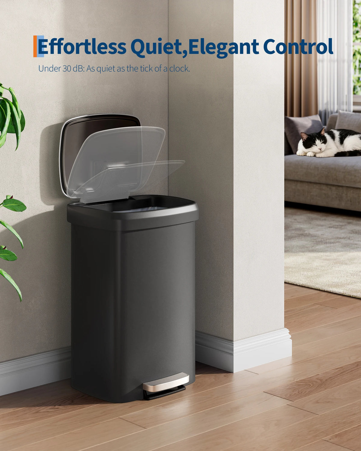Step-On Kitchen Trash Can - 13 Gallon / 50 Liter, Durable Black Plastic, Soft-Close Lid, Rustproof, Liner Rim, Rear Handle - Large Waste Bin for Home, Office, or Kitchen Storage
