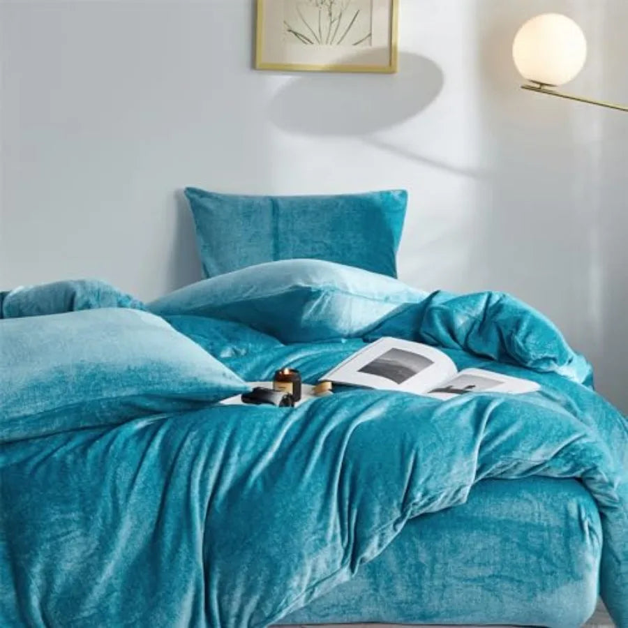 Fluffy Velvet Duvet Cover Set Turquoise Blue Size Fall Winter Soft Warm Flannel Comforter Cover 90" x 90" Luxury Cozy Plush Fle