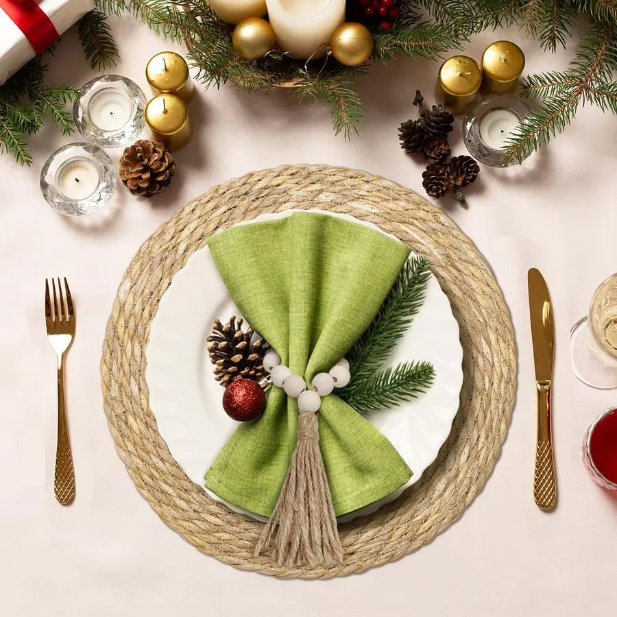 Woven Placemats Set of 10 with Wooden Napkin Rings, Round Charger Plates, Natural Rattan Dinner Place Mats for Dining Table Dec