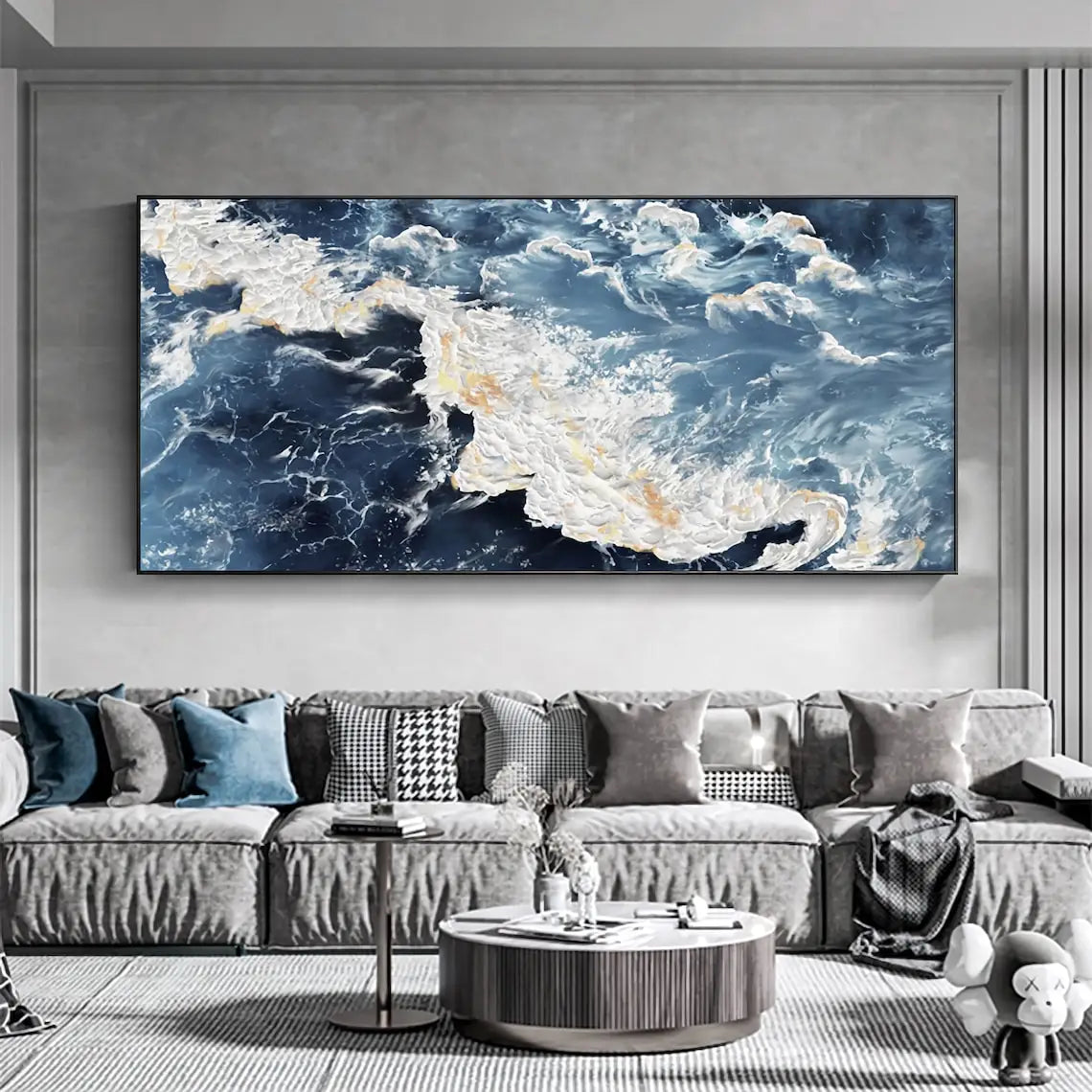 Large Sea Canvas Oil Painting Handmade Blue Sea Landscape Abstract White Wave Painting Textured Sea Painting Living Room Decor
