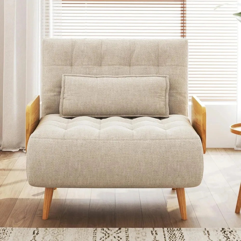 Linen 3-in-1 Convertible Chair Bed Sleeper for Adults Foldable Single Futon with Wooden Arms And Pillows - Comfortable, Customized