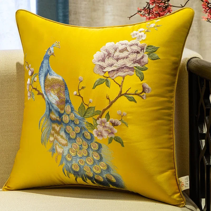 New Chinese Style Embroidered Bird Cushion Cover Living Room Sofa Waist Pillow Luxurious Classical Bed Head Silk Pillowcase