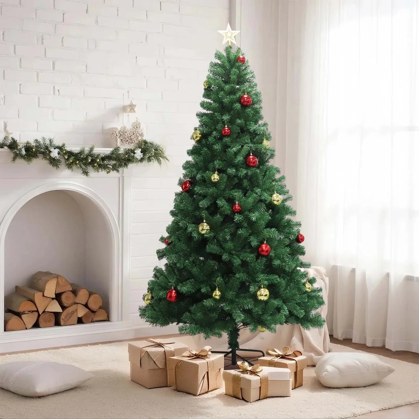 6-7ft Christmas Tree Hinged Artificial Pine Lighted Holiday Tree for Christmas Home, Office party Decor