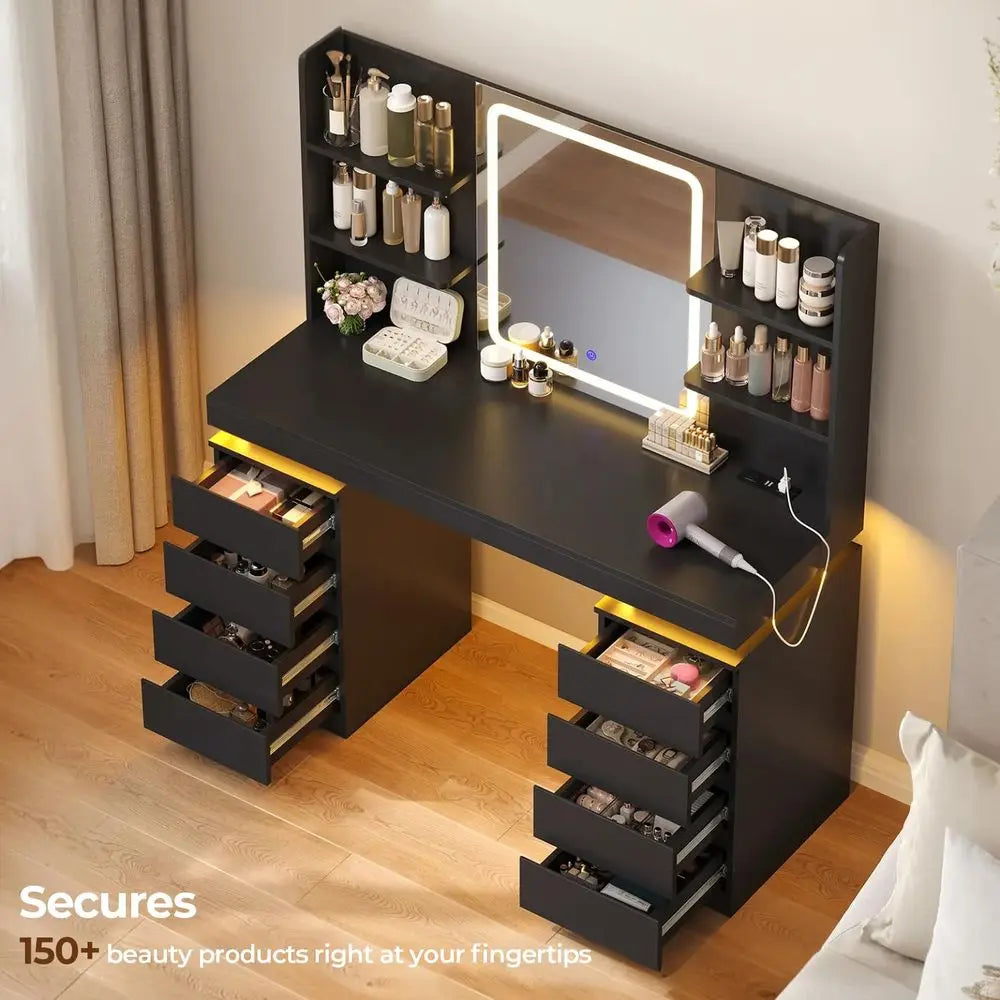 Vanity Desk with Mirror amp Lights, 8 Drawers Black Builtin Charging Station, Large Makeup Vanity with RGB Lights Floating Desk