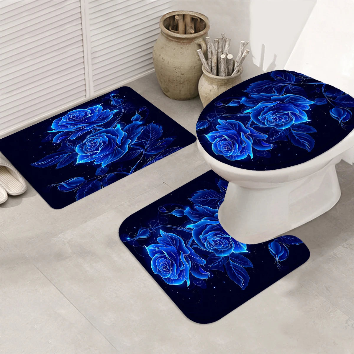 4Pcs Glowing Blue Rose Shower Curtain Set with Hooks, Neon Floral Starry Night Print Waterproof Mildew Resistant Fabric Bath Mat for Family Bathroom Home Decor