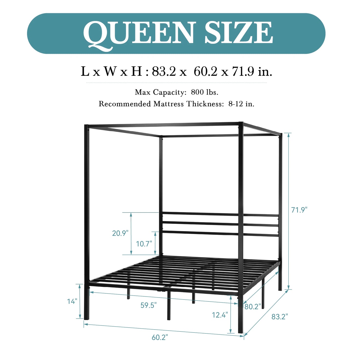 HOOMIC Canopy Bed Frame, Enhanced 4-Poster, 3-Metal Crossbar, No Box Spring Needed, Easy Assembly