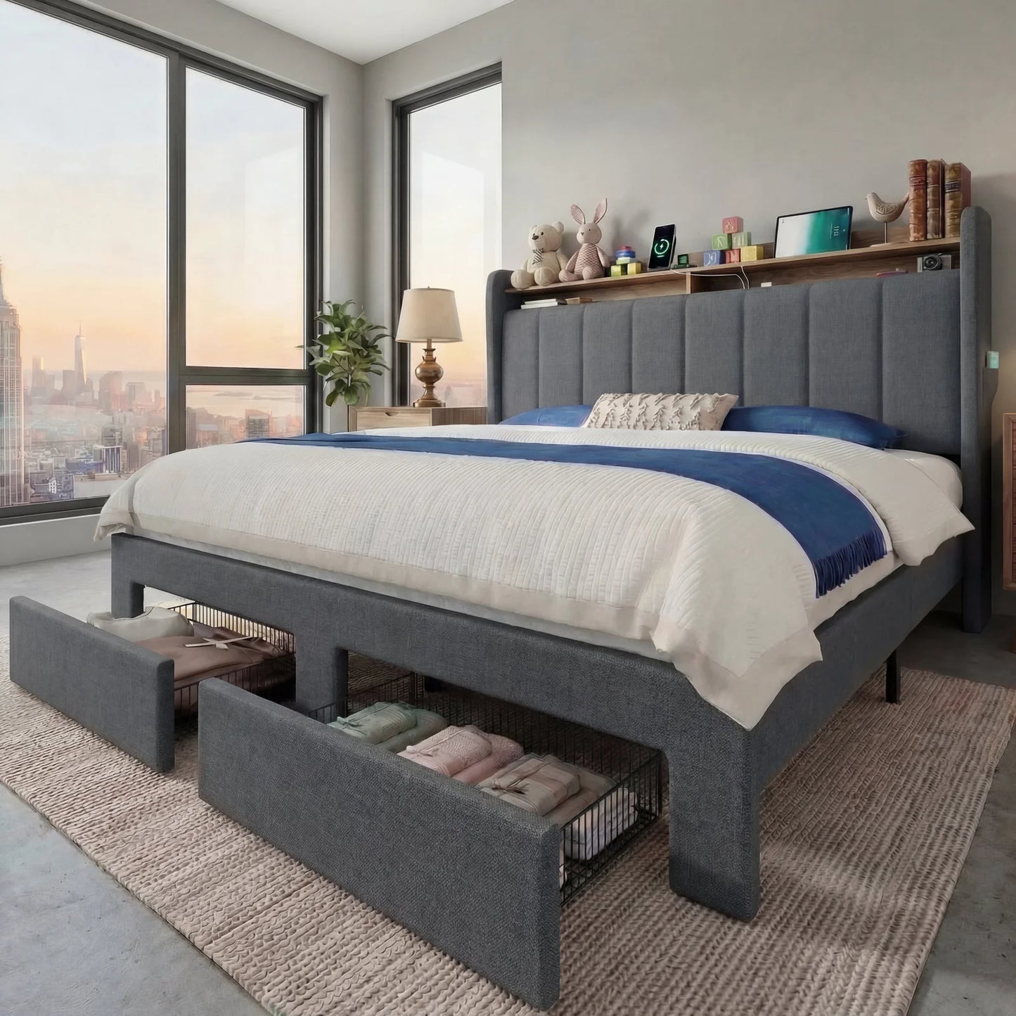 HOOMIC Bed Frame, 2 Storage Drawers/2-Tier Shelves with LED Lights & Charging Station, No Box Spring Need, Full/Queen/King