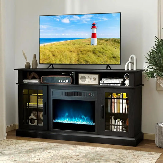 48" TV Stand with 19" Electric Fireplace for TVs Up to 40 inch, Media Entertainment Center with 16-Color LED Lights, TV Console