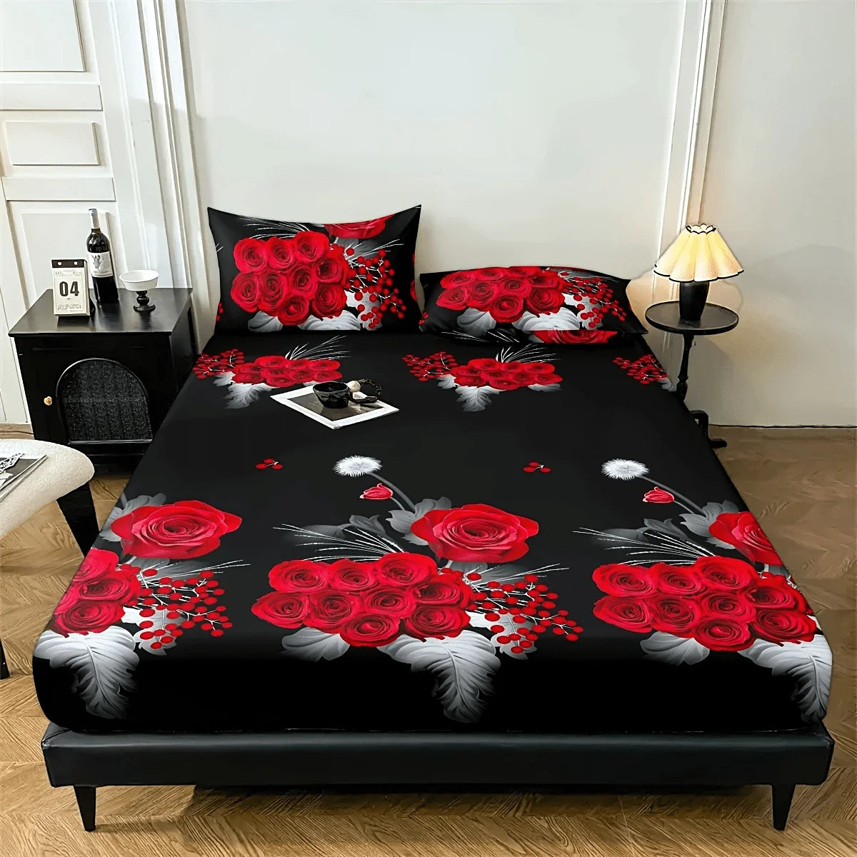 Romantic Red Rose Fitted Sheet Set - Soft Skin-Friendly Bedding Shrink & Fade Resistant for Twin Full Queen King Size Beds