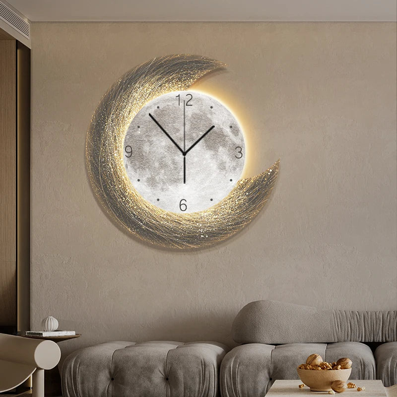 Moon Phase Wall Clock With Built-in LED Light Modern Silent Living Room Decor Creative Home Wall Clocks For Dining Room
