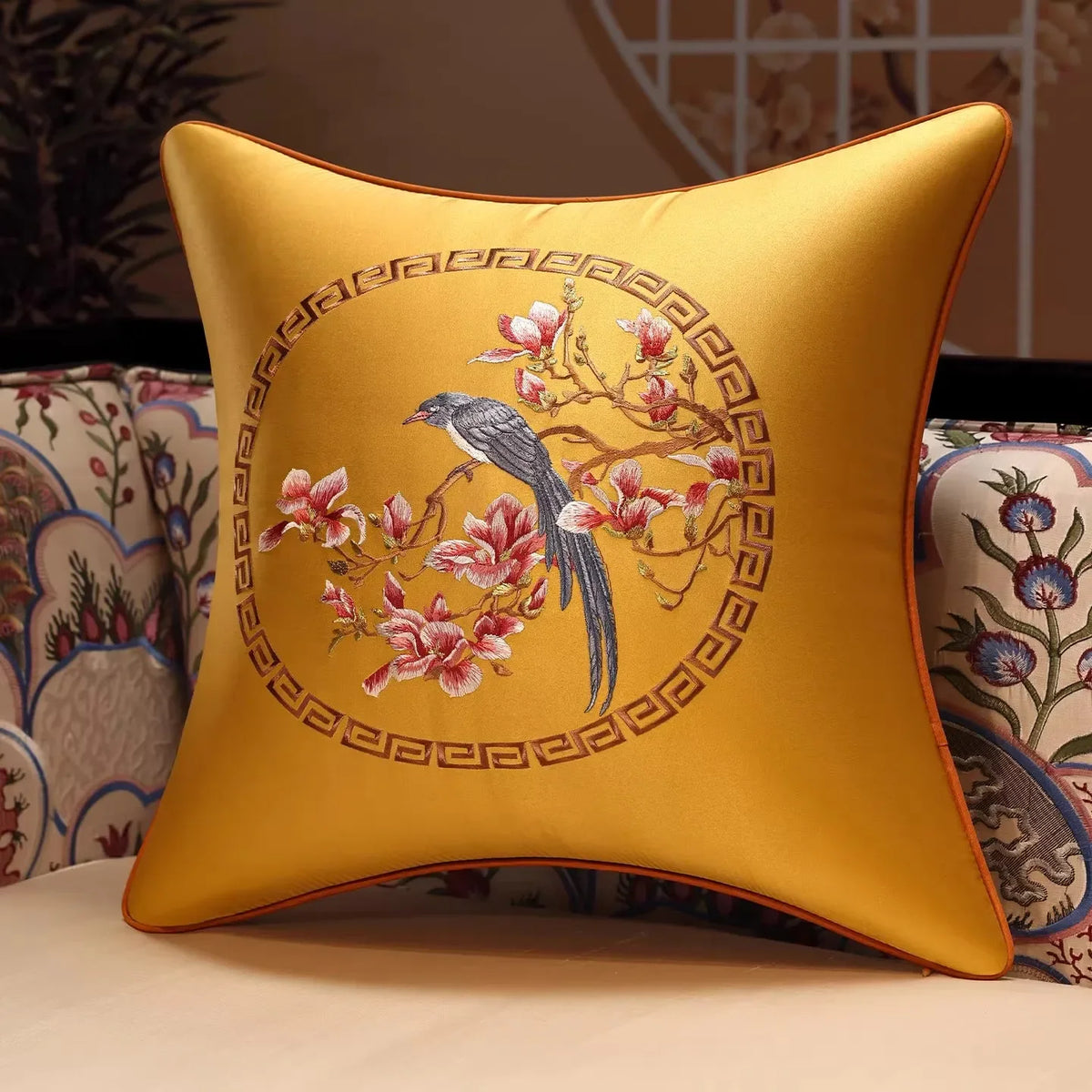 New Chinese Style Embroidered Bird Cushion Cover Living Room Sofa Waist Pillow Luxurious Classical Bed Head Silk Pillowcase
