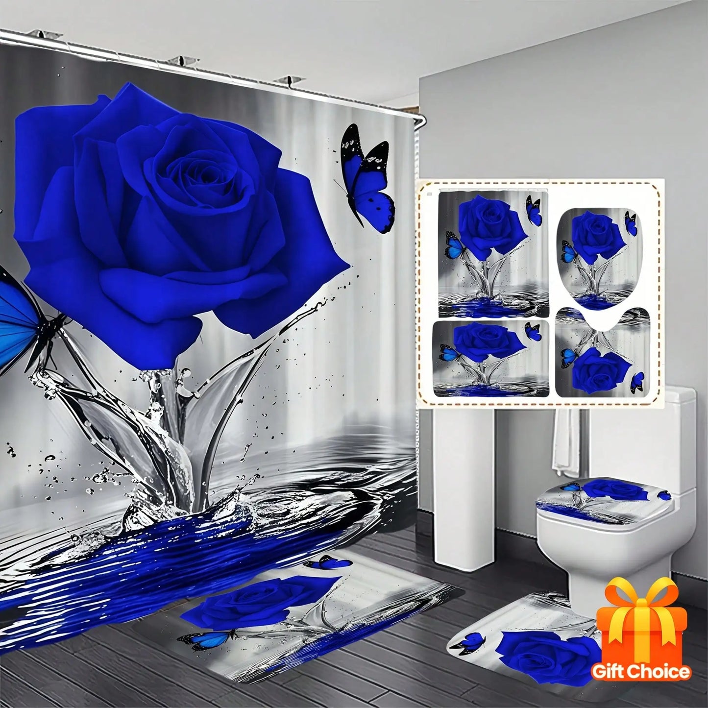 1/4pcs Water Blue Rose Butterfly Pattern Shower Curtain Set, Shower Curtain With 12 Hooks, Non-slip Bathroom Carpet