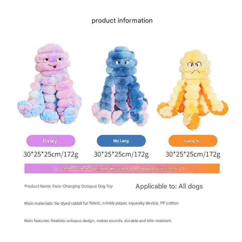 Squeaky Crinkle Octopus Dog Toy Interactive Bite-Resistant Plush for Large Small Dogs Stress Relief