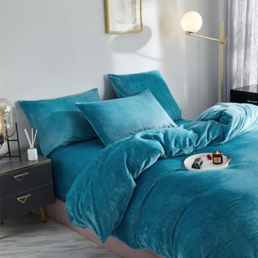Fluffy Velvet Duvet Cover Set Turquoise Blue Size Fall Winter Soft Warm Flannel Comforter Cover 90" x 90" Luxury Cozy Plush Fle