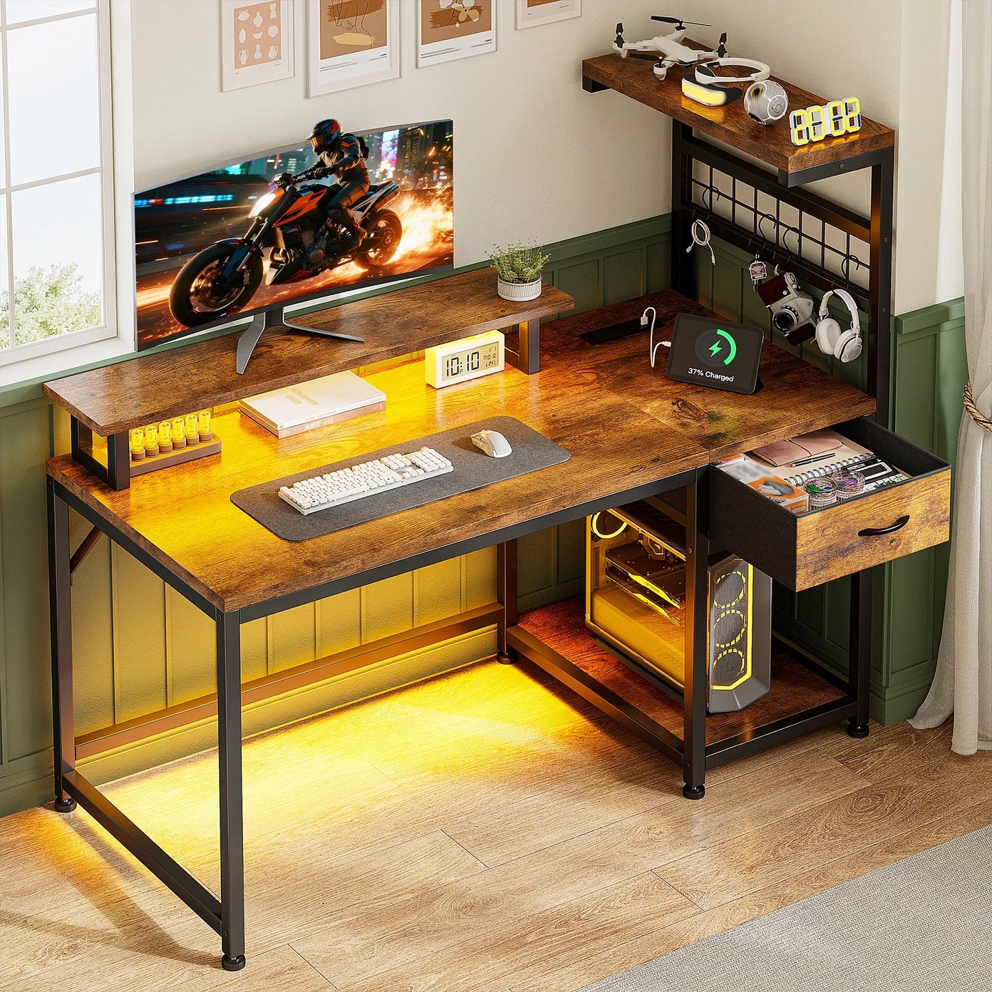 40"Gaming Computer Desk with Power Outlets RGB LED Lights Office Desk with Drawer Storage Shelves Monitor Stand For Small Space