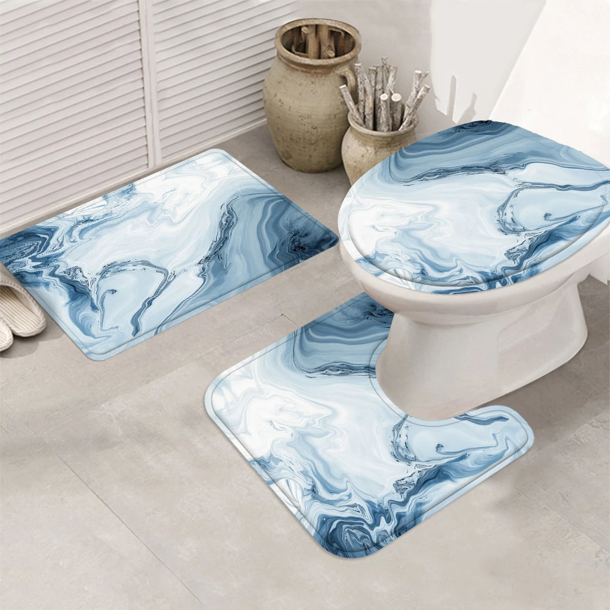 4 Pcs/Set Blue Marble Swirl Shower Curtain Bathroom Set, Abstract Fluid Print Waterproof Mildew Resistant Fabric, Family Bathroom Decor, Modern Minimalist Style Bath Mat Set, Fits Apartment, Guest Bathroom, Home Use, Includes