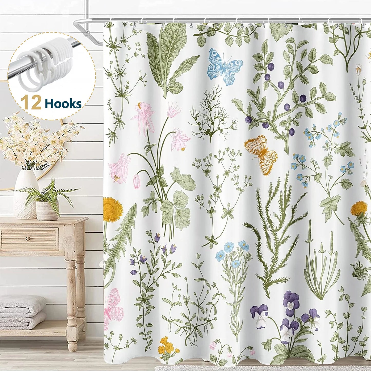 Botanical Leaf Shower Curtain Polyester Bathroom Curtain with Butterfly Floral Print and Hooks Window Decor