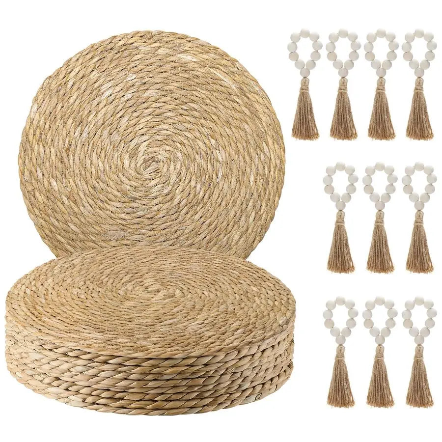 Woven Placemats Set of 10 with Wooden Napkin Rings, Round Charger Plates, Natural Rattan Dinner Place Mats for Dining Table Dec