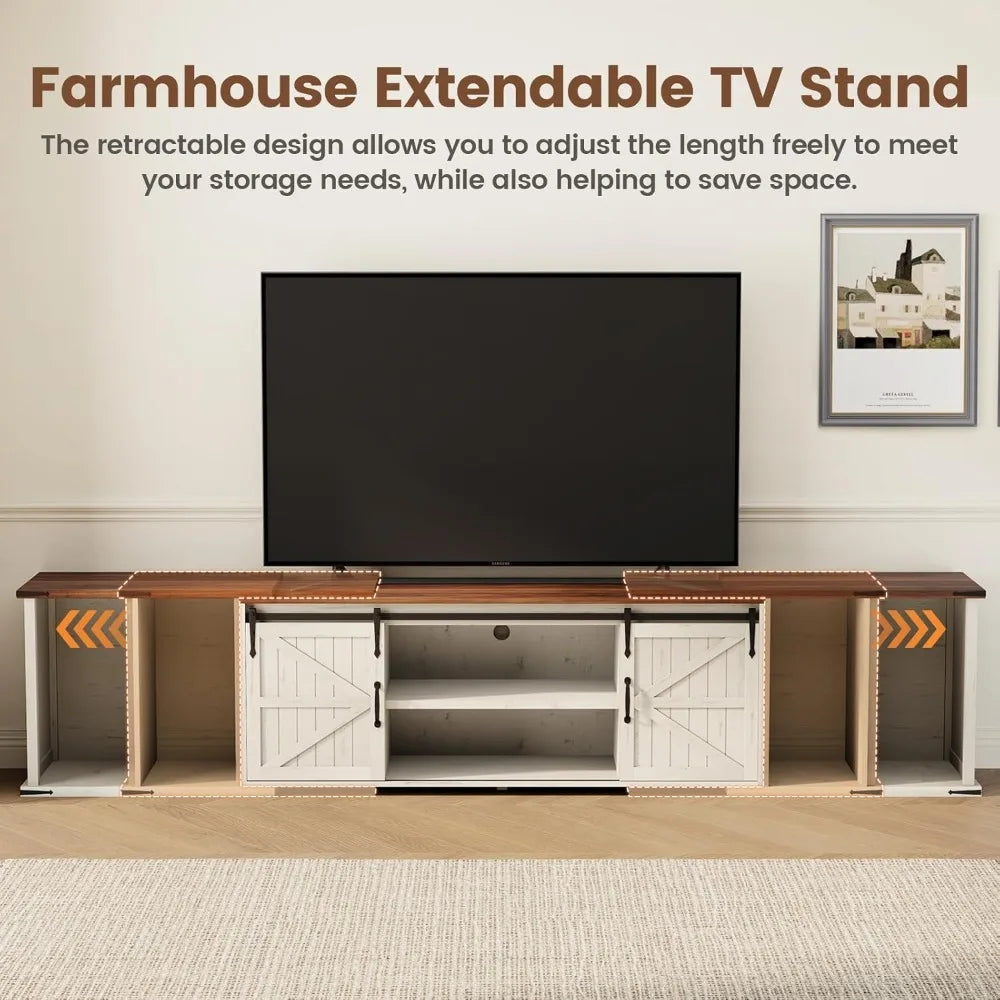 Extendable TV Stand, Entertainment Center for 85 95 105 Inch TV,with Large Capacity Storage and Sliding Doors,Farmhouse TV Stand
