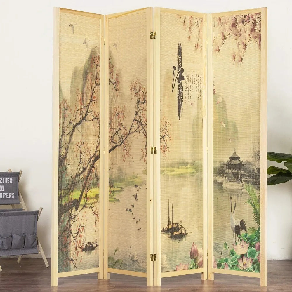 Office 4 Panel Folding Bamboo Room Divider Freestanding Cherry Blossom Floral Artwork Partition Screen with Beige Wood Frame