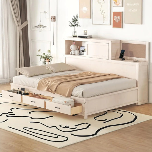 Full Size Daybed with USB Ports and Sockets,Wooden Platform Bed Frame with Storage Drawers and Shelf for Living, Customized