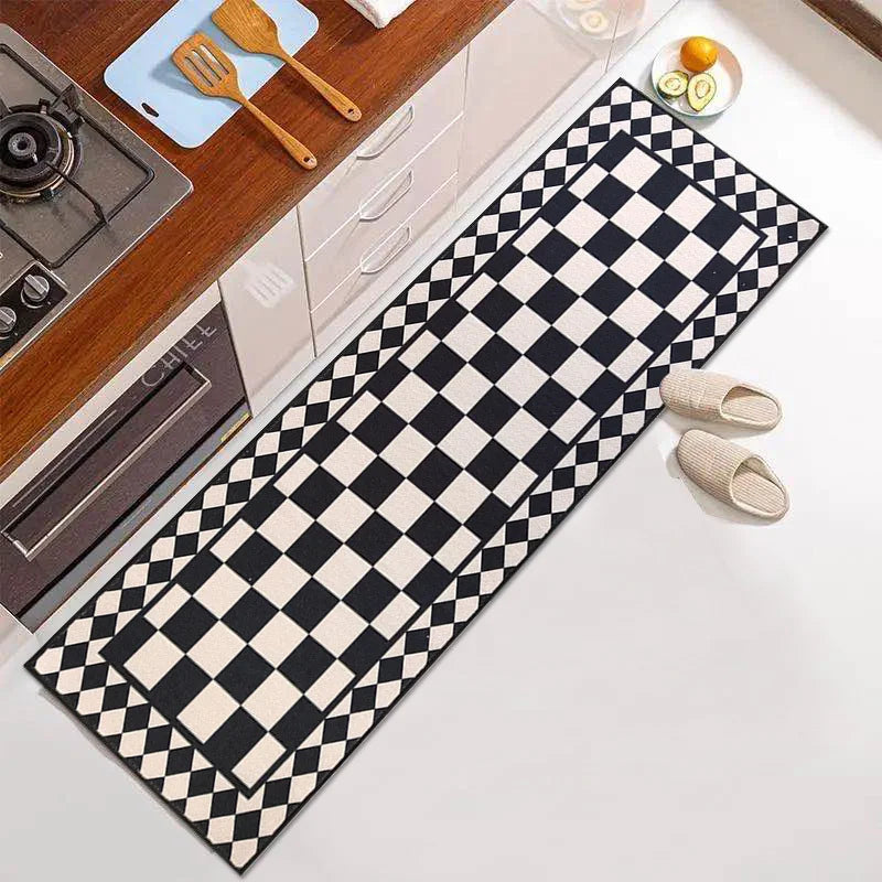 Classic Black White Checkered Long Runner Rug, Double Layer Checkerboard Pattern Non-Slip Washable Floor Mat for Kitchen