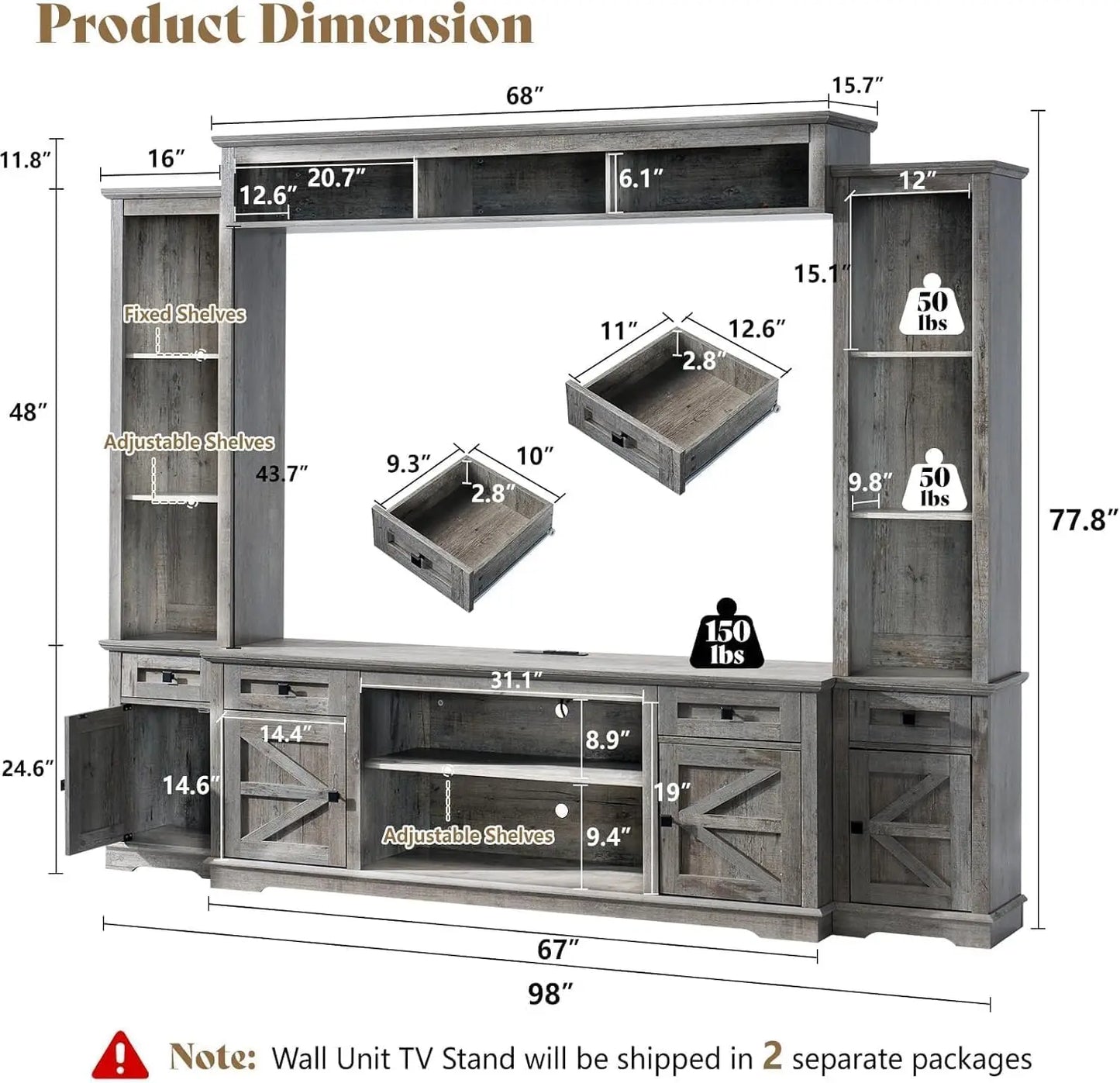 98" armhouse Wall Unit Entertainment Center with Bookshelves, Wine Cabinet, its 75" TVs, Large TV Stand with Power Outlets & Bar