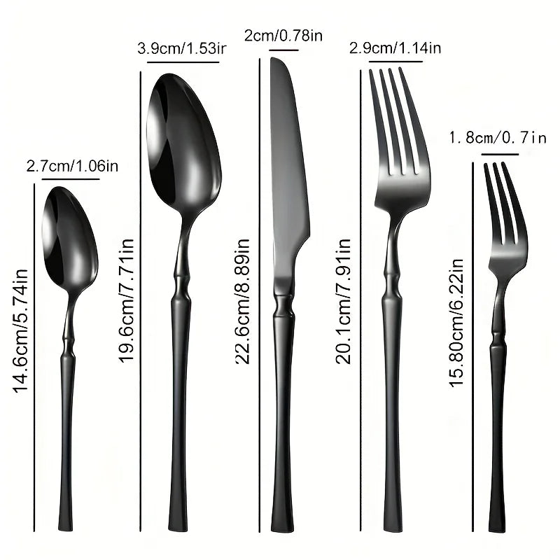 40/60-Piece Black Stainless Steel Cutlery Set, Mirror Polished, Including Dinner Forks, Steak Knives, and Soup Spoons, Suitable