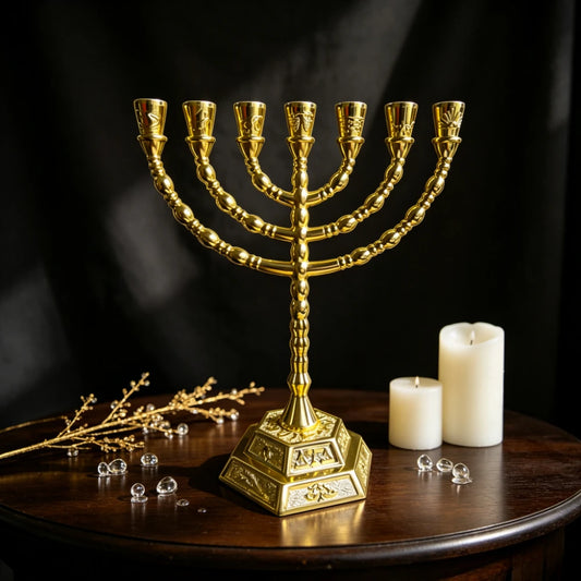 1PC Hanukkah Religious Menorah Golden Zinc Alloy 7 Arm Candlestick Embossed Hexagon Base Jewish Altar Display Souvenir Ornament