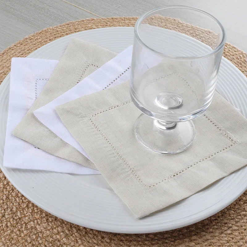 Set of 12 White Linen&Cotton Hemstitched Cocktail Napkins 6X6 Inch Washable Cloth Napkin Coasters for Wedding Bar Beverage Party