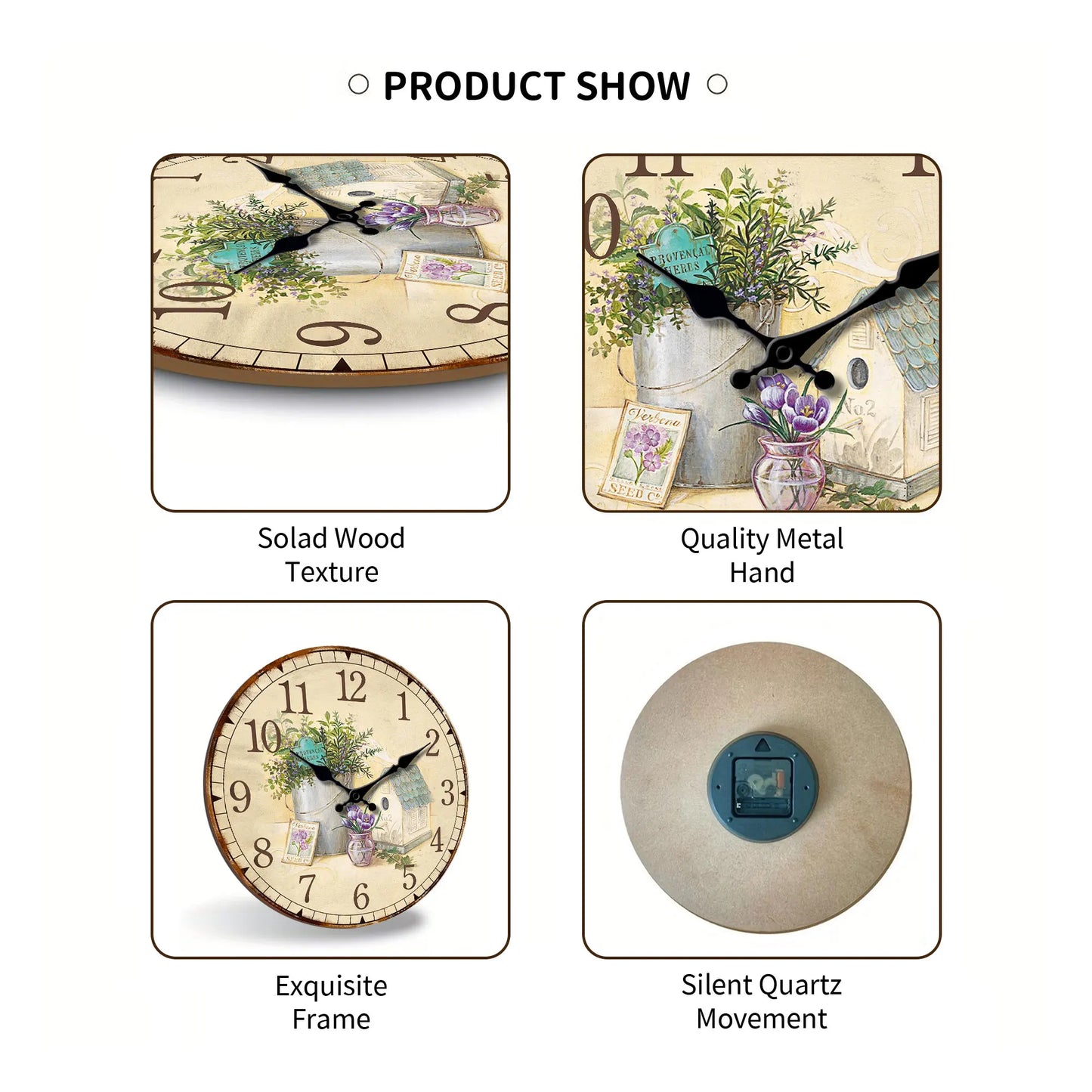 1pc retro wooden wall clock, beautiful lavender-Provence vanilla design wall clock, 10-16 inch mute clock, Home decor, Living Ro