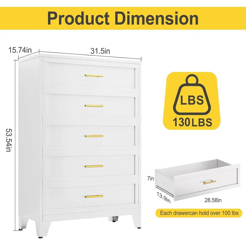 53.54 Tall Metal Drawer Unit for Bedroom, 5 Drawer White Chests, Storage Organizer, Large Space Cabinet for Living Room, Entrywa