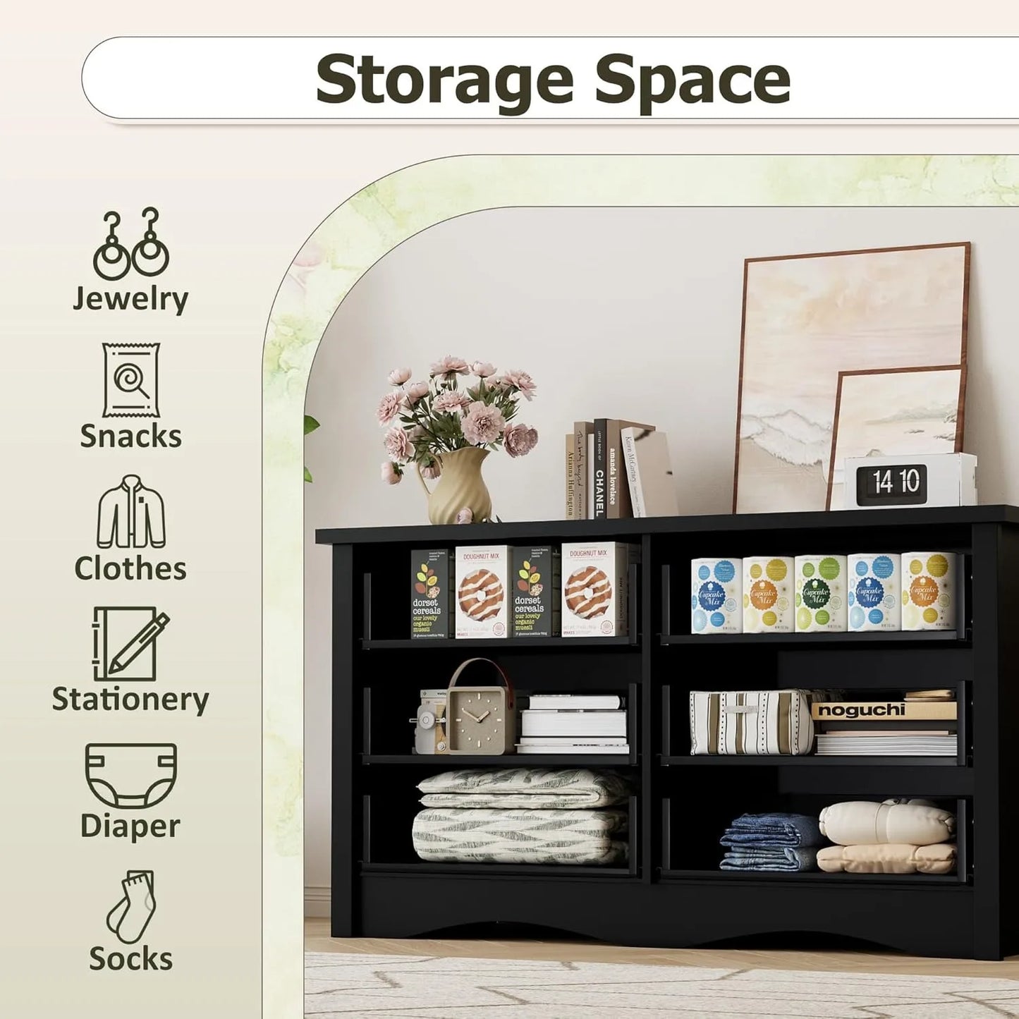 Black 6 Drawer Dresser Modern Wood Chest for Bedroom Living Room Closet Hallway