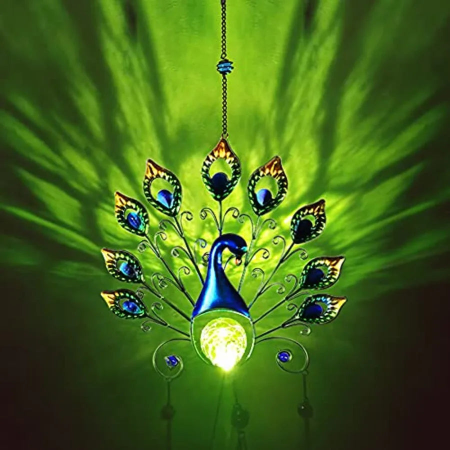 Solar Wind Chimes Outdoor Gifts for Mom Large Metal Peacock Wind Chimes Light with Crackle Glass Ball, Waterproof