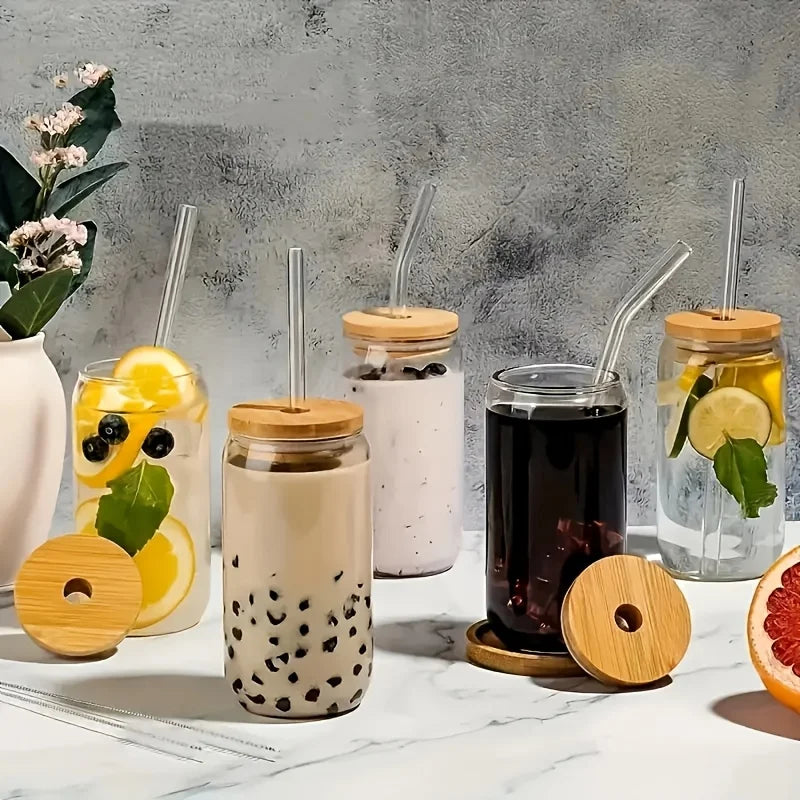 6pcs 18.6oz/550ml Drinking Glasses with Bamboo Lids and Glass Straw - Glass Cups Beer Ice Coffee Glasses Cute Aesthetic Cup Grea