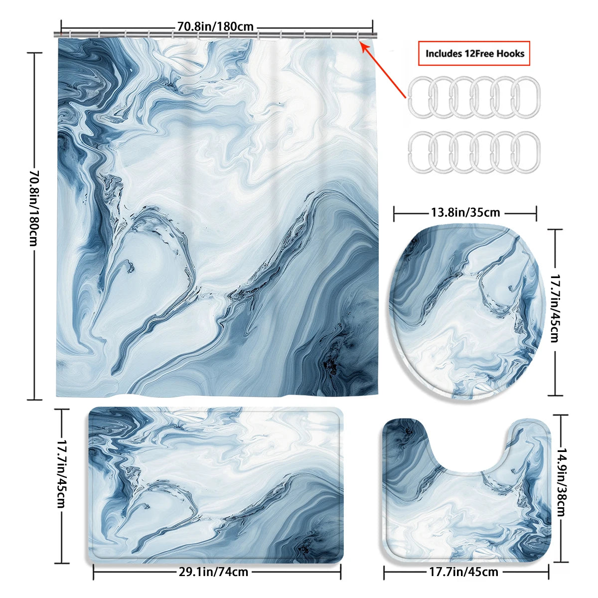 4 Pcs/Set Blue Marble Swirl Shower Curtain Bathroom Set, Abstract Fluid Print Waterproof Mildew Resistant Fabric, Family Bathroom Decor, Modern Minimalist Style Bath Mat Set, Fits Apartment, Guest Bathroom, Home Use, Includes