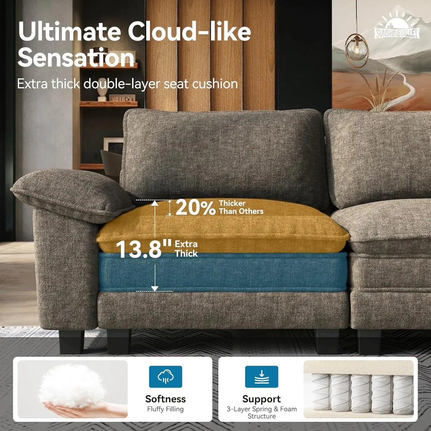Modular Loveseat Cloud Sofa, 87.5'' Oversized Chenille Sectional Couch with Wider Armrest and Pillow, 2 Seat, Customized