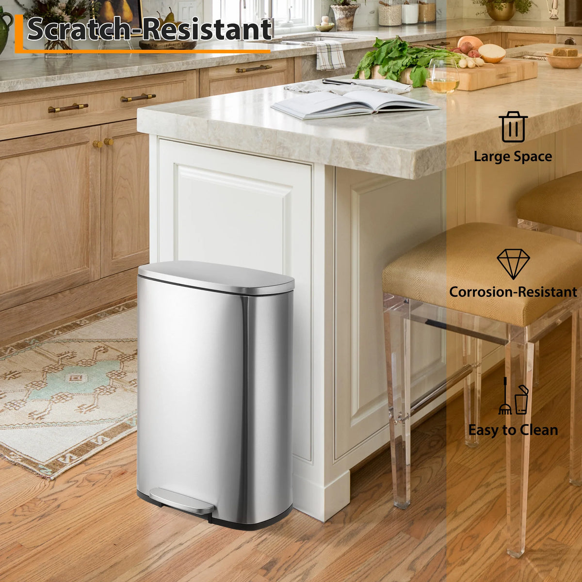 Large Capacity Stainless Steel Kitchen Trash Can 13 Gallon - Soft Close Step Pedal - Removable Inner Bucket - Fingerprint & Odor Resistant - Hands-Free Garbage Bin for Kitchen, Office, Bathroom