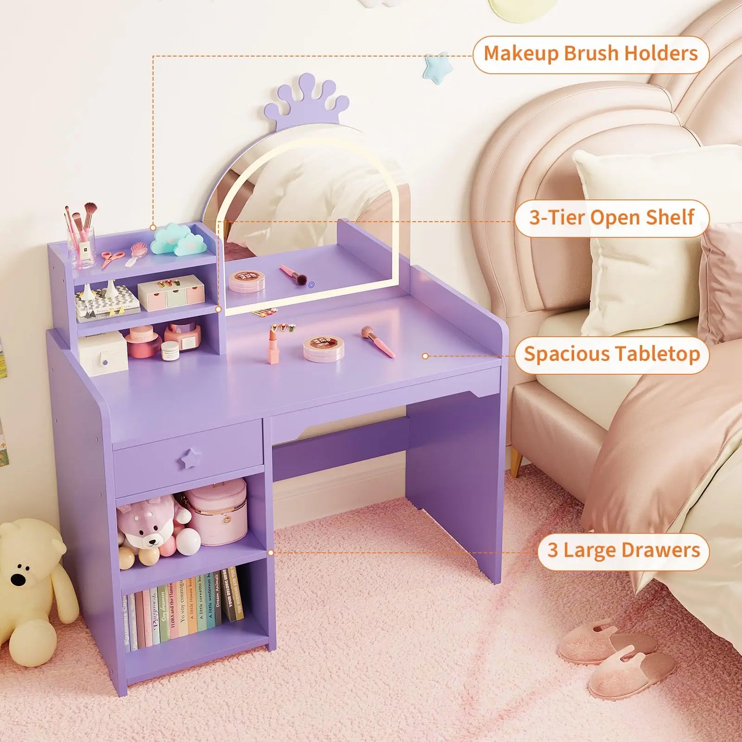LED Crown Mirror Kids Vanity Table & Chair Set - Storage Cabinet, Open Bookshelf, Drawer, 2-in-1 Princess Makeup Desk, Easy Assembly, Bedroom or Playroom Furniture