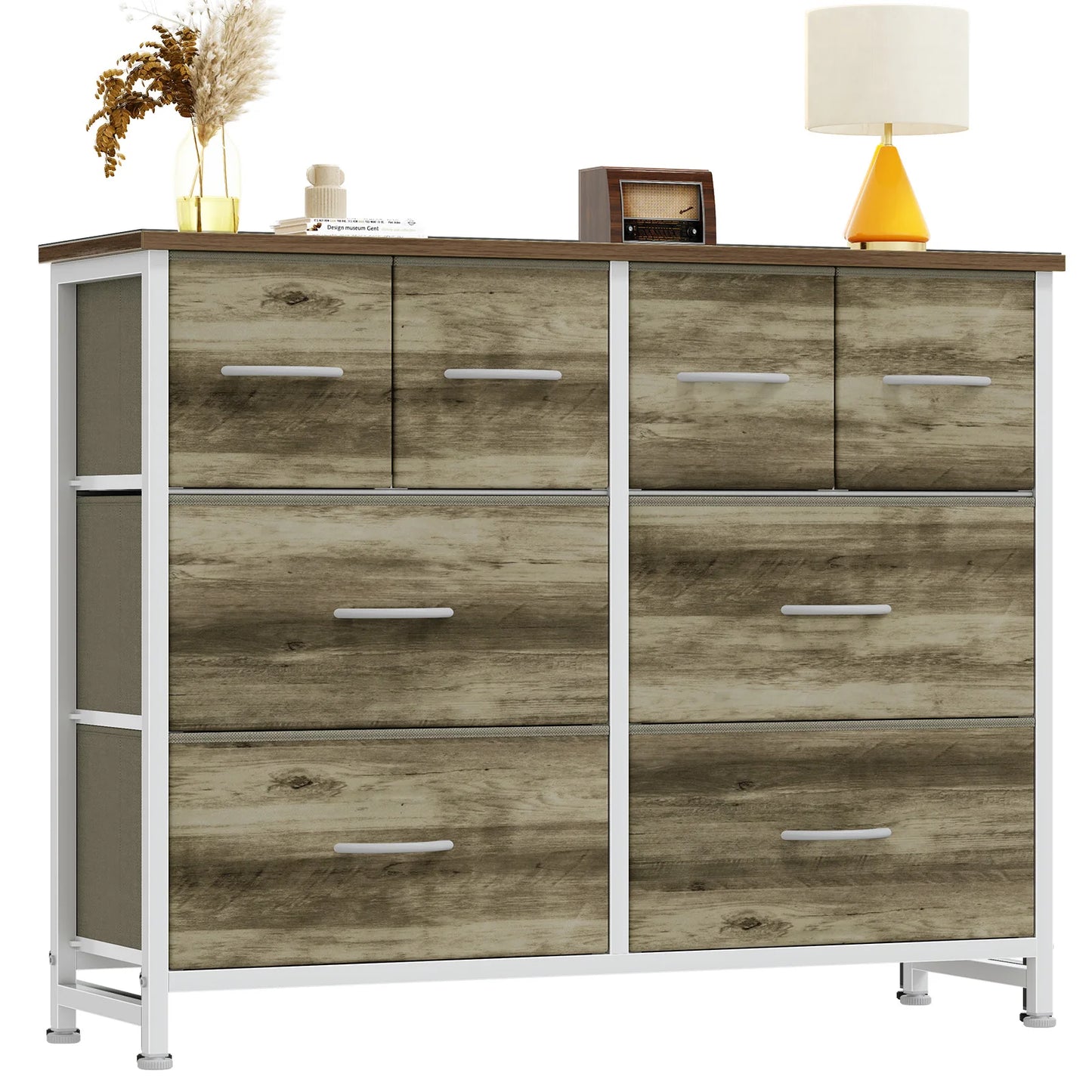 JHK 8 Fabric Drawers Dresser for Living Room Storage Tower with Wood Top and Mental Frame Wide Fabric Dresser for Closet Storage Unit for Entryway