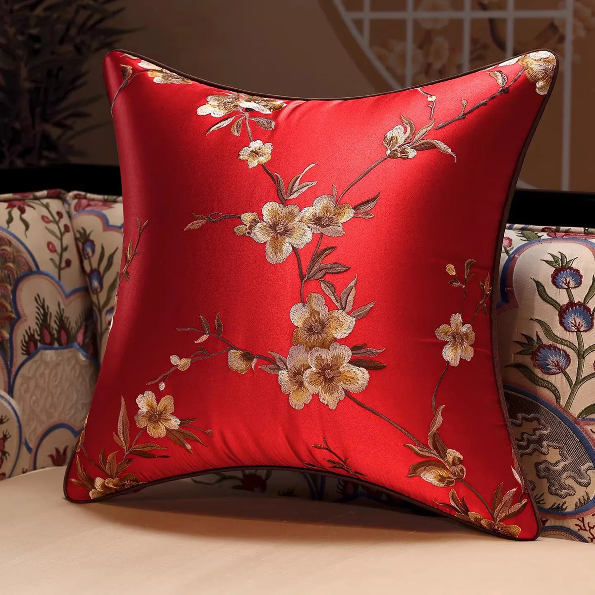 New Chinese Style Embroidered Bird Cushion Cover Living Room Sofa Waist Pillow Luxurious Classical Bed Head Silk Pillowcase