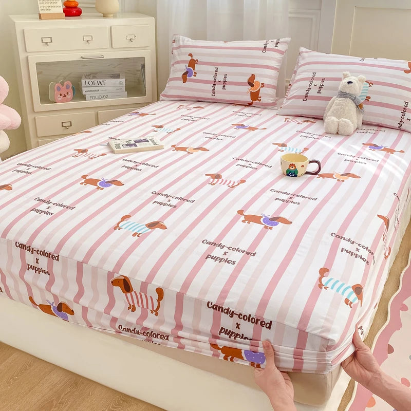 2025 New Bed Hat Print Cartoon Water Clouds Cotton Bedspread Student Mattress Cover Skin Friendly Full Wrap with Elastic Sheet