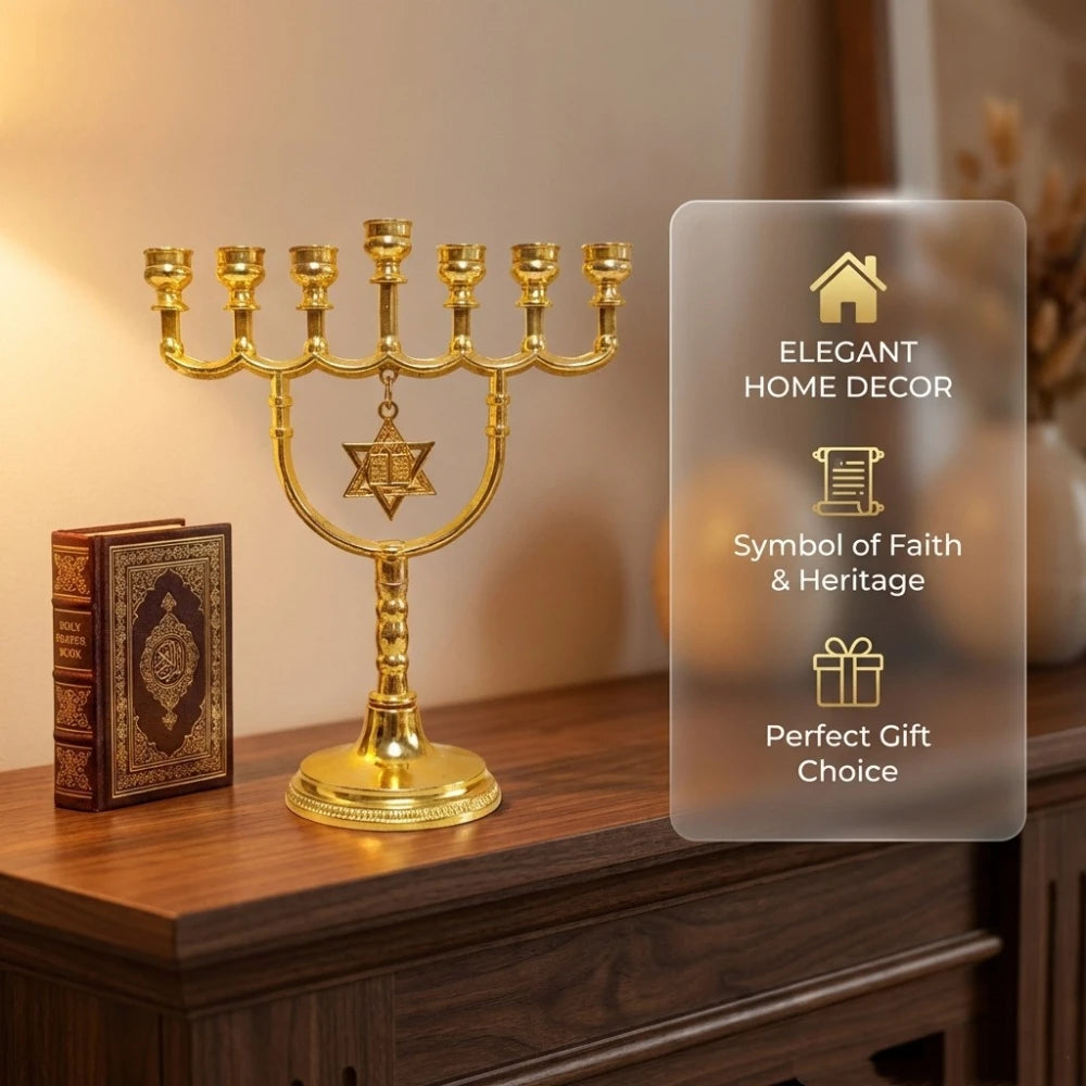 1PC Jewish 7 Branch Menorah Gold Zinc Alloy Candlestick with Star of David Religious Candle Holder for Hanukkah Home Decor