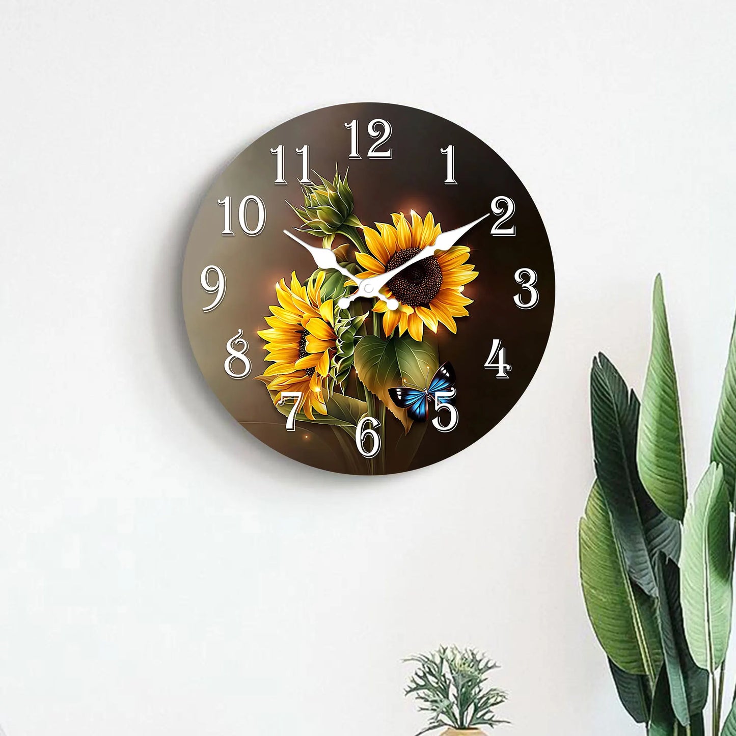 1pc wooden wall clock, beautiful sunflower and blue butterfly design wall clock, silent clock - suitable for living room bedroom