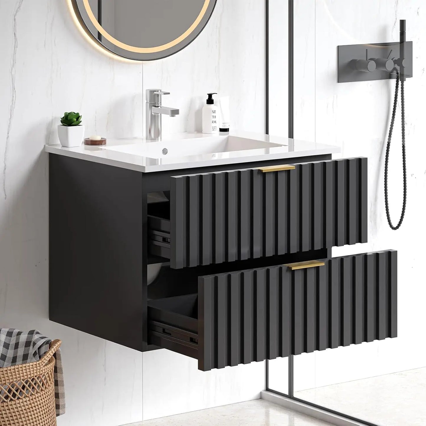 Bathroom Vanity with Sink, Wall Mounted Fluted Cabinet with 2 Golden Metal Handle Drawers, Floating Bathroom Cabinet(Black, 24")
