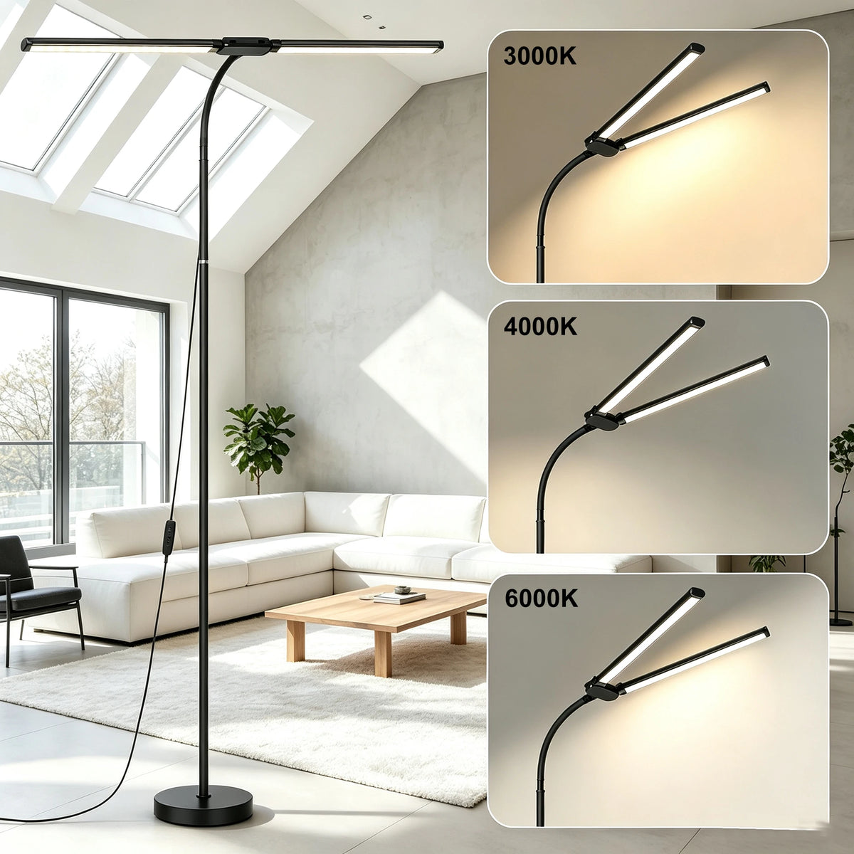 Modern LED Floor Lamp 3 Color Modes 8 Brightness Adjustable Flexible Gooseneck USB Standing Lamp for Living Room Reading Study Workbench