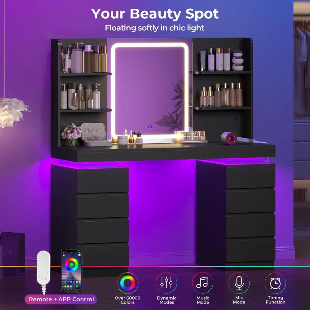 Vanity Desk with Mirror amp Lights, 8 Drawers Black Builtin Charging Station, Large Makeup Vanity with RGB Lights Floating Desk